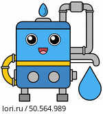 Cute cartoon water tank with a big smile and water drop spout. Perfect for illustrations about water conservation. plumbing. or eco friendly living. Стоковая иллюстрация, агентство Ingram Publishing / Фотобанк Лори