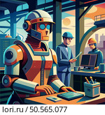 A futuristic robot works alongside human colleagues in a modern office setting. The robot is designed with a sleek. streamlined look and appears to be seamlessly integrated into the workplace. Стоковая иллюстрация, агентство Ingram Publishing / Фотобанк Лори