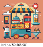 A colorful and stylized illustration of a street food cart selling donuts.  Perfect for adding a touch of whimsy to your design projects. Стоковая иллюстрация, агентство Ingram Publishing / Фотобанк Лори