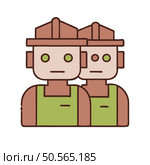 Two friendly AI robots wearing hard hats and green vests. perfect for illustrating automation. technology. and teamwork in the future. Стоковая иллюстрация, агентство Ingram Publishing / Фотобанк Лори