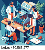 A vibrant isometric illustration depicting a team of three scientists working in a lab. surrounded by plants. They are using technology to analyze data and conduct research. Стоковая иллюстрация, агентство Ingram Publishing / Фотобанк Лори