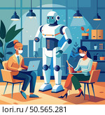 A friendly robot sits with two people. working together in an office setting. The illustration represents the future of work. with AI and humans collaborating. Стоковая иллюстрация, агентство Ingram Publishing / Фотобанк Лори