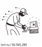 A hand drawn illustration of a thief attempting to steal a server with a dollar sign on it. The thief is depicted as a stick figure wearing a mask and a baseball cap. highlighting the humorous and lighthearted nature of the image. Стоковая иллюстрация, агентство Ingram Publishing / Фотобанк Лори