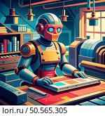 A futuristic robot with a sleek. colorful design operates a complex machinery. The robot is working in a workshop with a bookshelf. machines. and tools surrounding it.  The image captures the intersection of technology and industry. Стоковая иллюстрация, агентство Ingram Publishing / Фотобанк Лори