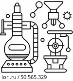 A black and white line drawing illustration of a futuristic machine or laboratory equipment. featuring a round flask. a funnel. and a rotating wheel with connected circles. This icon is perfect for representing technology. automation. or scientific processes. Стоковая иллюстрация, агентство Ingram Publishing / Фотобанк Лори