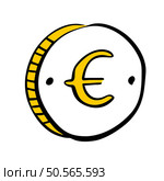 Hand drawn cartoon illustration of a Euro coin. This playful image is perfect for adding a touch of fun and whimsy to designs related to finance. money. and the European Union. Стоковая иллюстрация, агентство Ingram Publishing / Фотобанк Лори