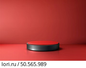 A sleek black pedestal with a vibrant red top stands alone in a minimalist red background. Modern 3D scene elegance style, product displays and showcases. Стоковая иллюстрация, агентство Ingram Publishing / Фотобанк Лори