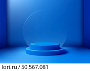 Minimalist 3D design of a blue podium with a transparent circle on a gradient blue background. Product mockups, branding displays, showroom presentations. Стоковая иллюстрация, агентство Ingram Publishing / Фотобанк Лори