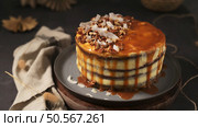 Layered cake drizzled with caramel sauce, topped with pecans and coconut flakes. Стоковое фото, агентство Ingram Publishing / Фотобанк Лори