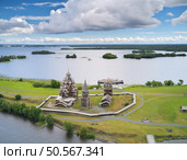Aerial view of the famous Kizhi Pogost. Kizhi island, Lake Onega. Old church construction. Стоковое фото, агентство Ingram Publishing / Фотобанк Лори