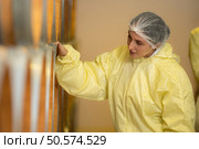 Smiling female winemaker in yellow uniform standing in cellar of winery. Стоковое фото, агентство Ingram Publishing / Фотобанк Лори