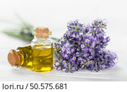 Wellness treatments with lavender flowers on wooden table. Spa still-life.. Wellness treatments with lavender flowers. Стоковое фото, агентство Ingram Publishing / Фотобанк Лори