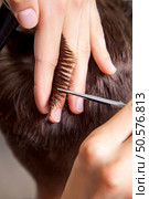 Professional hairdresser trim young man with the help of scissors and comb. Стоковое фото, агентство Ingram Publishing / Фотобанк Лори