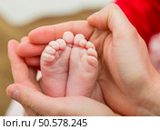 Closeup photo of baby foots in father hands. Стоковое фото, агентство Ingram Publishing / Фотобанк Лори