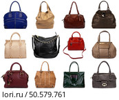 Set of multicolored female bags on a white background.12 pieces. Стоковое фото, агентство Ingram Publishing / Фотобанк Лори