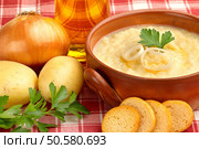 soup in a bowl and ingredients on a tablecloth. traditional soup. Стоковое фото, агентство Ingram Publishing / Фотобанк Лори