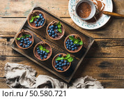 Homemade Tiramisu dessert in glasses with cinnamon, mint and fresh blueberries in wooden tray and sieve with cocoa powder in white plate over rustic wooden background, top view, copy space. Homemade Tiramisu dessert and sieve with cocoa powder in tray. Стоковое фото, агентство Ingram Publishing / Фотобанк Лори