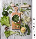 Mix of green vegetables on rustic background. Стоковое фото, агентство Ingram Publishing / Фотобанк Лори