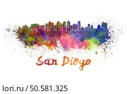 San Diego skyline in watercolor splatters with clipping path. San Diego skyline in watercolor. Стоковое фото, агентство Ingram Publishing / Фотобанк Лори