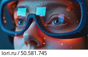 A close-up of a Beautiful Young woman with VR headset's AI comfort system creating shared starfields with synchronized human brain. concept of future entertainment. Стоковое AI-видео, аниматор Sergey Grishin / Фотобанк Лори