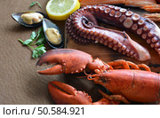 many types of fish on the table. We find lobster, sardines, clams, Octopus, and salmon. Стоковое фото, агентство Ingram Publishing / Фотобанк Лори
