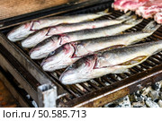 Preparing raw Fish on the charcoal grill. Home barbecue picnic with seabass. Стоковое фото, агентство Ingram Publishing / Фотобанк Лори
