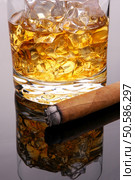 Vertical closeup of a glass of whiskey on the rocks with cigar and reflection. Стоковое фото, агентство Ingram Publishing / Фотобанк Лори