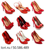 Set of red,female shoes on a white background.9 pieces. Стоковое фото, агентство Ingram Publishing / Фотобанк Лори