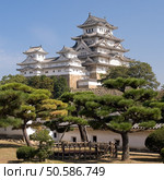 Landscape view of the main tower of Himeji Castle on the hillside during the daytime with bonsai pine trees of the castle gardens in the foreground and blue sky in the background. Стоковое фото, агентство Ingram Publishing / Фотобанк Лори