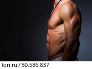 Muscular and fit torso of young sporty man showing his perfect triceps muscles. Dramatic light. Muscular and fit torso of young sporty man showing his perfect triceps muscles. Стоковое фото, агентство Ingram Publishing / Фотобанк Лори