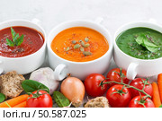 assortment of vegetable cream soups and ingredients, closeup. Стоковое фото, агентство Ingram Publishing / Фотобанк Лори