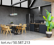 Interior of spacious kitchen with concrete wall.3d rendering. Стоковое фото, агентство Ingram Publishing / Фотобанк Лори