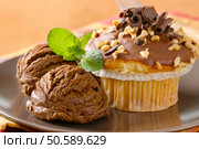 Hazelnut muffin with scoops of chocolate ice-cream. Стоковое фото, агентство Ingram Publishing / Фотобанк Лори