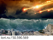 Apocalyptic background - giant tsunami waves, small coastal town, city, asteroid impact. Стоковое фото, агентство Ingram Publishing / Фотобанк Лори