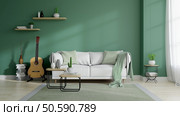 Modern mid century and minamalist interior of living room, eco space concept  design , white sofa and green plant on green wall and wood floor ,3d render. Стоковое фото, агентство Ingram Publishing / Фотобанк Лори