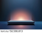 3D floating platform glows with warm orange light against a reflective dark blue background. Dramatic product showcases, creative branding, and elegant modern mockups. Стоковая иллюстрация, агентство Ingram Publishing / Фотобанк Лори
