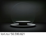 3D minimalist design features a black podium with translucent circle. Ideal for product displays, luxury branding, and refined mockup presentations. Стоковая иллюстрация, агентство Ingram Publishing / Фотобанк Лори