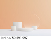 Clean and modern 3D product display featuring white cylinder podiums and a circular accent on a soft orange background. Perfect for branding, mockups, and elegant minimalist presentations. Стоковая иллюстрация, агентство Ingram Publishing / Фотобанк Лори