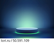 Glowing circular platform emits green light on a dark blue background. Minimalist and futuristic, technology mockups, product displays, creative branding, or modern showcase concepts. Стоковая иллюстрация, агентство Ingram Publishing / Фотобанк Лори