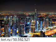 Majestic colorful dubai marina skyline during night. Multiple tallest skyscrapers of the world. Dubai marina, United Arab Emirates. Стоковое фото, агентство Ingram Publishing / Фотобанк Лори