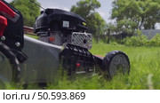 Woman with lawn mower in the garden. Стоковое видео, видеограф Igor Skripachev / Фотобанк Лори