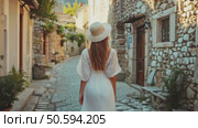 Woman in white dress and wide-brimmed hat walks down a charming cobbled street in an old town bathed in golden sunlight. Perfect for travel, summer and wanderlust themes. Стоковое AI-видео, аниматор Елена Никишина / Фотобанк Лори
