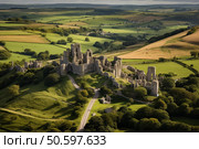 Corfe castle dominating the purbeck hills landscape in dorset, england. Стоковое AI-изображение, AI-художник Иван Рябоконь / Фотобанк Лори