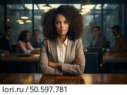 Confident businesswoman sitting at meeting table with arms crossed in boardroom. Стоковое AI-изображение, AI-художник Иван Рябоконь / Фотобанк Лори