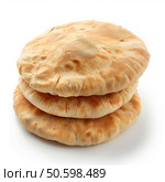 Stack of pita bread showing air pockets and slight charring on white background. Стоковое AI-изображение, AI-художник Иван Рябоконь / Фотобанк Лори