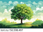 Lush green tree dominating idyllic landscape painting. Стоковое AI-изображение, AI-художник Иван Рябоконь / Фотобанк Лори