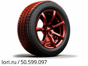 Car wheel with red alloy rim and black tire standing on white background. Стоковое AI-изображение, AI-художник Иван Рябоконь / Фотобанк Лори