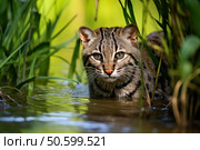 Fishing cat standing in water among green grass. Стоковое AI-изображение, AI-художник Иван Рябоконь / Фотобанк Лори