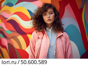 Fashion model posing with colorful mural background, street style inspiration. Стоковое AI-изображение, AI-художник Иван Рябоконь / Фотобанк Лори
