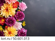 Colorful dahlias and solidago creating a vibrant floral border on dark background. Стоковое AI-изображение, AI-художник Иван Рябоконь / Фотобанк Лори